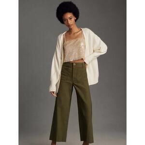 Anthropologie Olive Wide-Leg Pants with Cream Cardigan and Beige Sequin Top